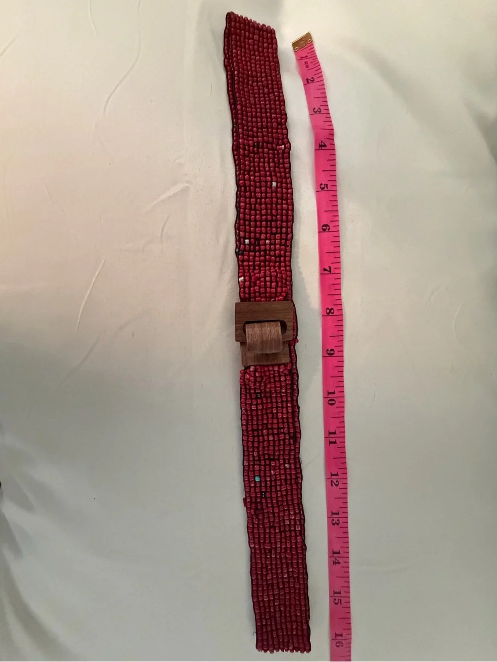 Beaded Red Belt w/Wooden Hook Buckle